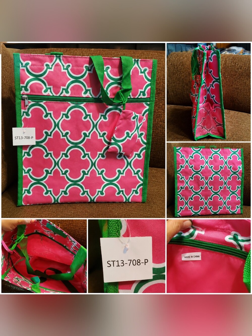 Pink & Green Geometric Tote Bag with Matching Pouch